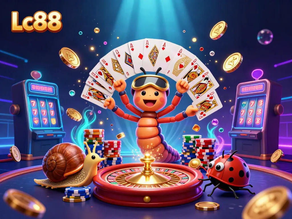 Engage with Lc88 in this colorful casino scene featuring vibrant playing cards and chips.