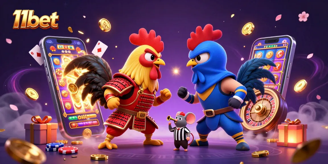 Engage with 11bet's thrilling gaming adventures featuring fighting roosters and casino elements.