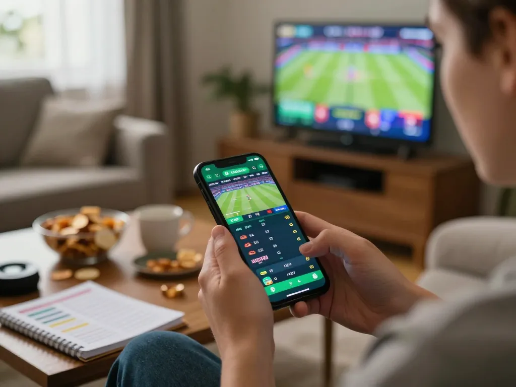 Giocatore coinvolto che utilizza uno smartphone per siti scommesse non AAMS in un ambiente domestico accogliente.