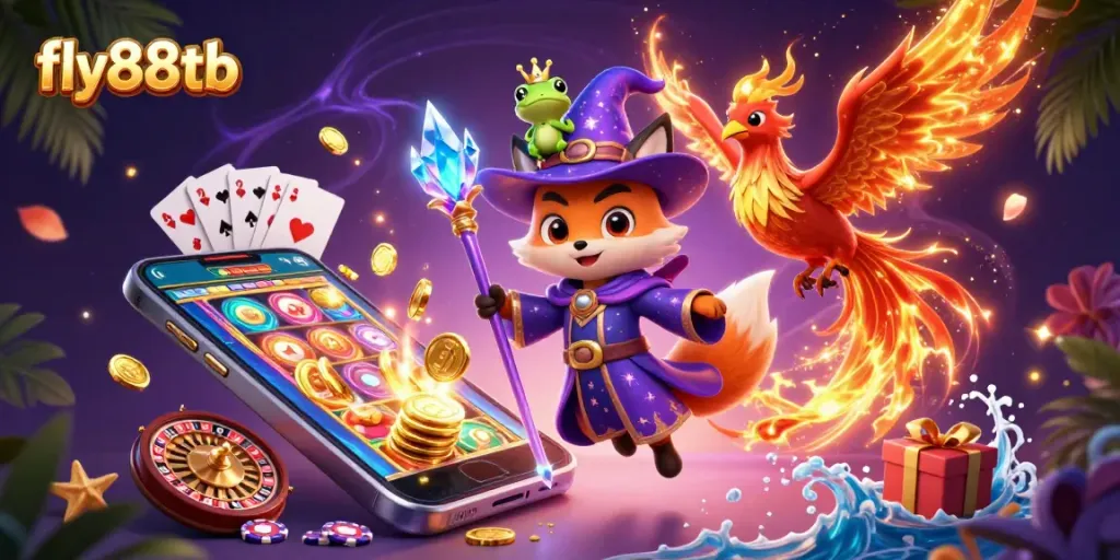Experience the excitement of fly88tb casino with vibrant 3D illustrations showcasing games and magical characters.