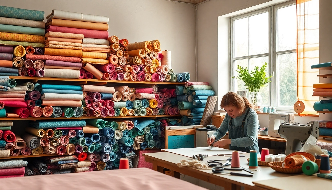 Creatieve artisan aan het werk met katoenen canvasstof in een kleurrijke studio.