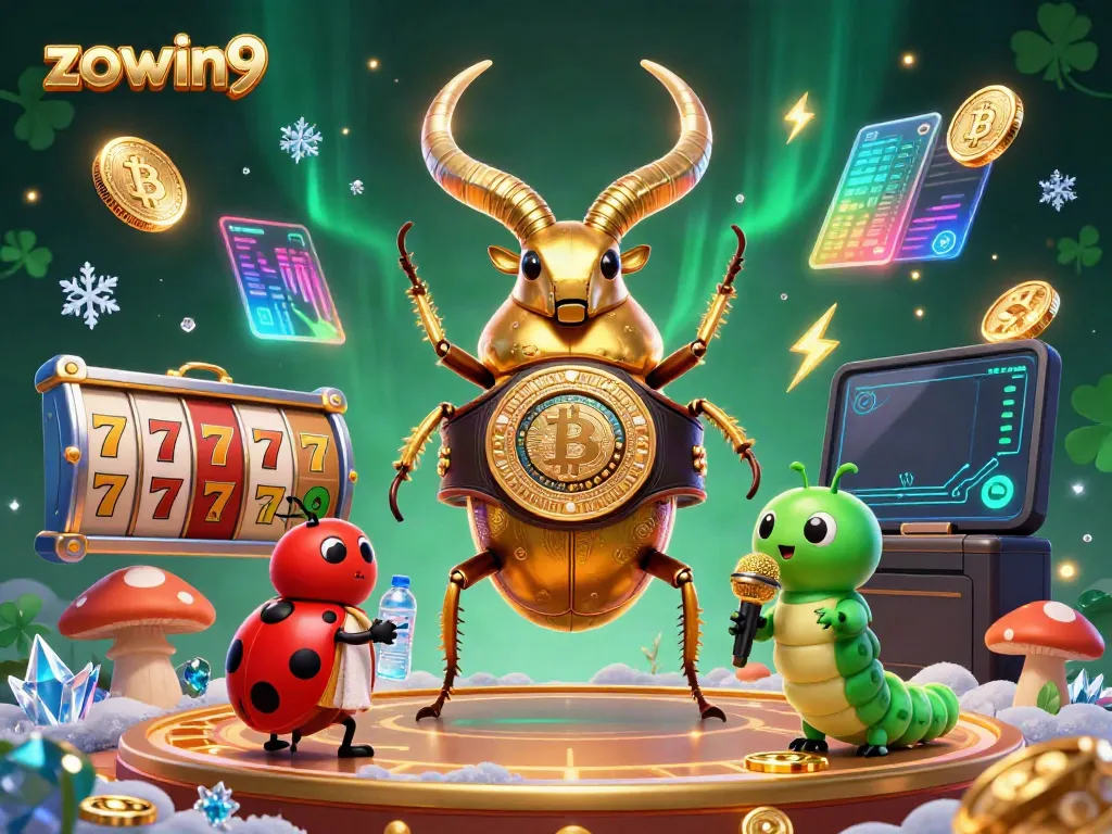 Engage with the dynamic world of zowin9 featuring a golden stag beetle amidst vivid slot game elements.