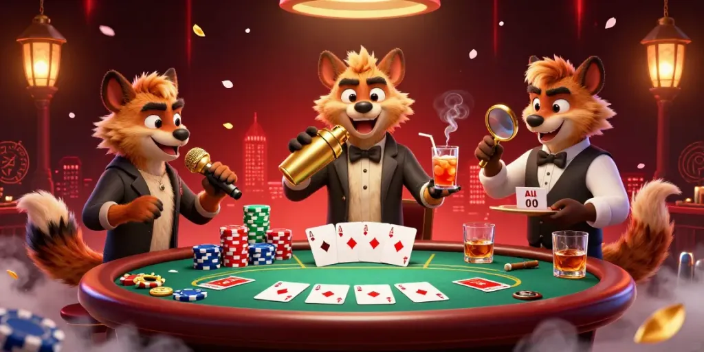 Hyenas in a comedy casino club embodying the essence of JUTAWANBET while showcasing lively gambling elements.