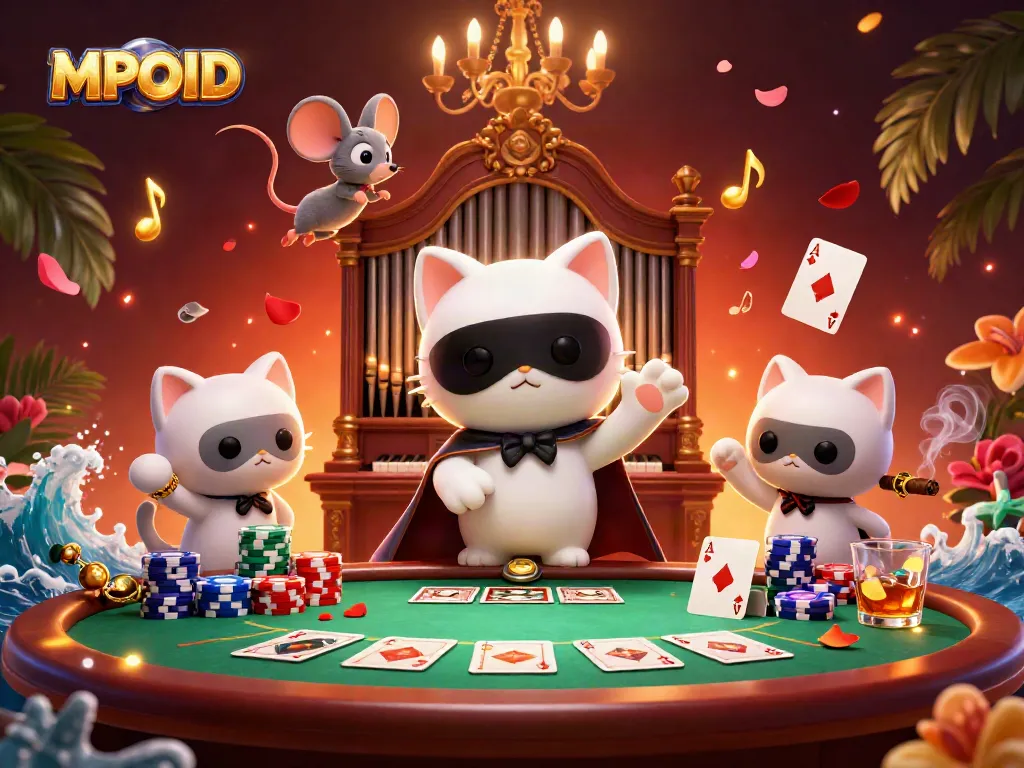 MPOID reveals an immersive 3D scene of casino excitement with poker, chips, and a whimsical cat.