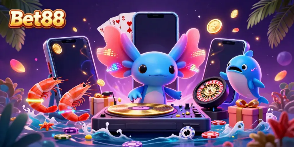 Join the Bet88 virtual casino party with axolotl DJ and friends celebrating gaming.