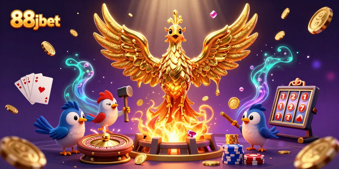 Experience the thrill of 88jbet with a stunning illustration of a molten phoenix and casino elements.