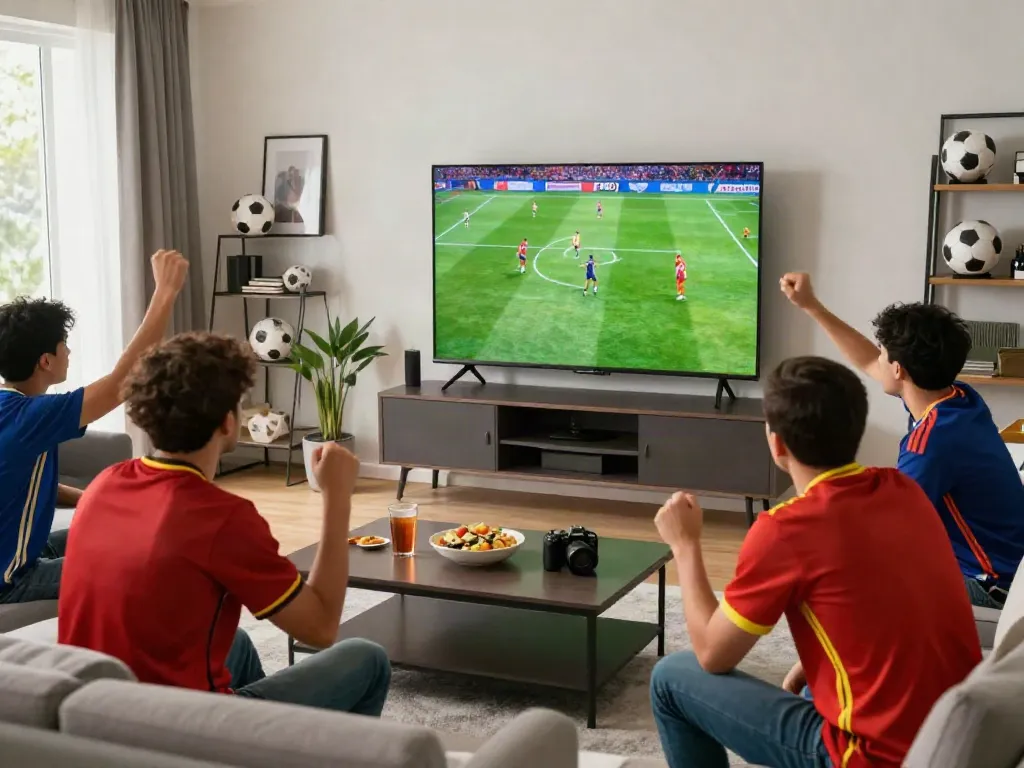 Excited fans watching soccer live at https://xoilactvx.me/ in a vibrant living room.
