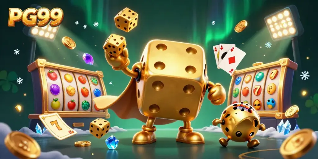 Engage in thrilling gameplay with PG99's vibrant rolling dice and spinning slots in a dynamic casino scene.