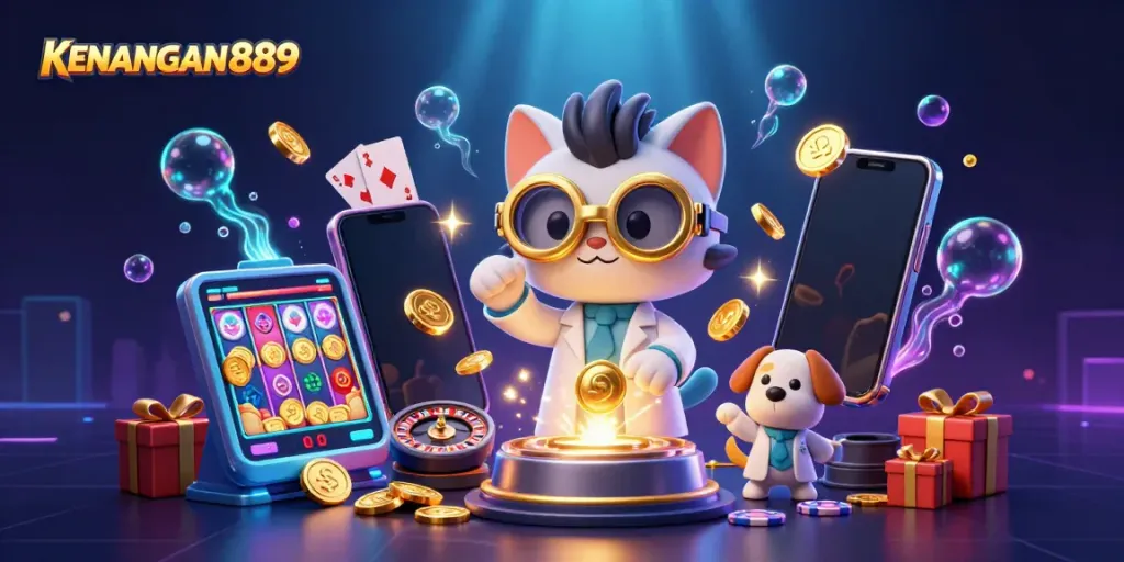 Engage with KENANGAN889's immersive gaming experience featuring colorful slot games and dynamic casino elements.