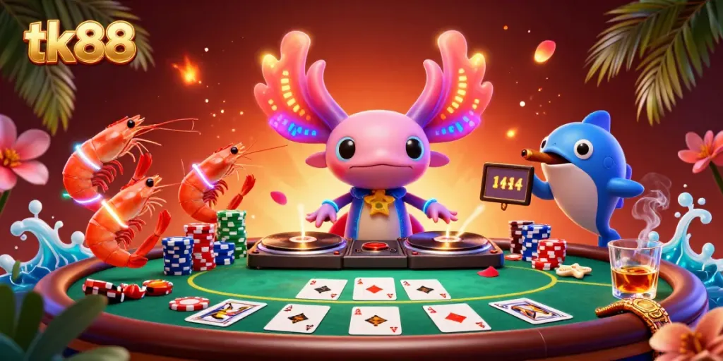 tk88 theme features vibrant axolotl DJ spinning records with poker elements in a lively underwater casino scene.
