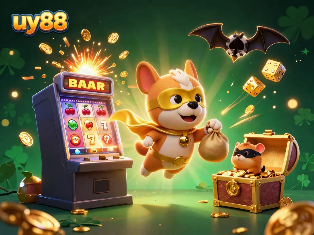 Experience thrilling adventures at uy88 with a superhero dog and hamster in a vibrant casino world!