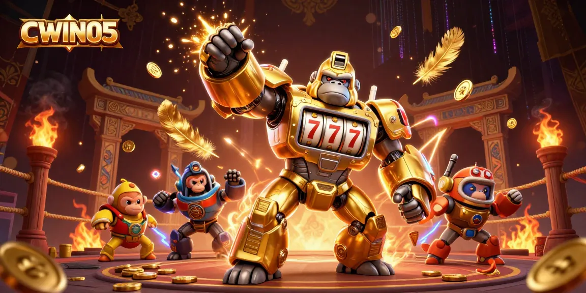 CWIN05 unveils a dynamic illustration of a golden gorilla mech and a tiny monkey pilot amidst a thrilling casino atmosphere, exploding with coins and excitement.