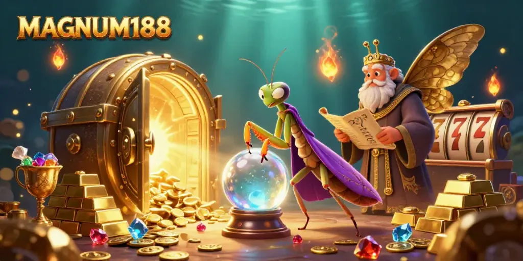 Experience the enchantment of MAGNUM188 with colorful fortune teller and treasures in a dynamic casino scene.