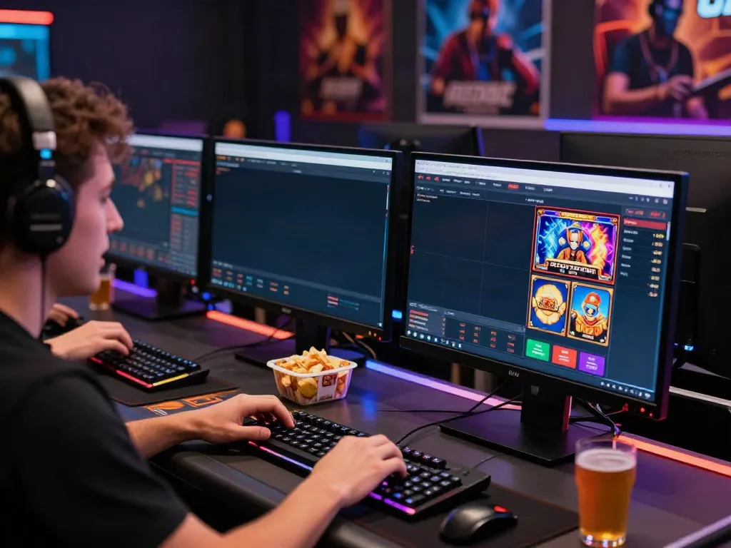 Excited player engaging with the RED88 online gambling platform from a dynamic gaming setup.