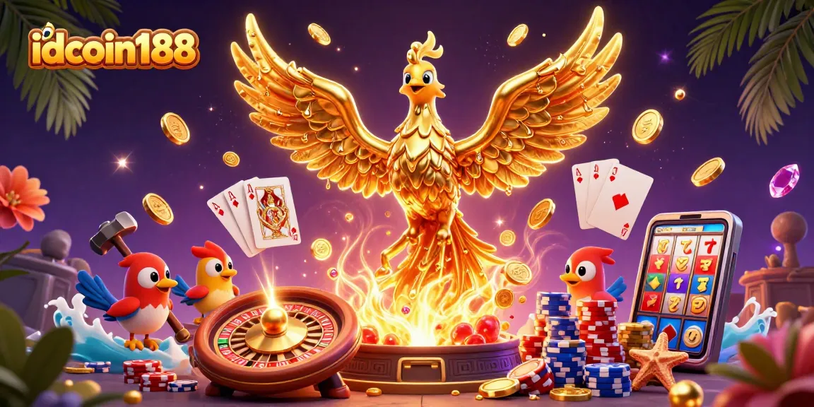 Win big with idcoin188 as the molten phoenix rises from gold, spinning roulette, and flying cards create excitement.
