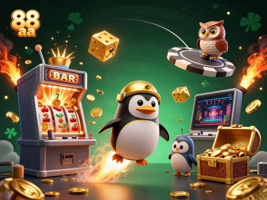 The vibrant illustration showcases 88 aa, with a golden penguin and jackpot elements captivating gamers in a casino adventure.