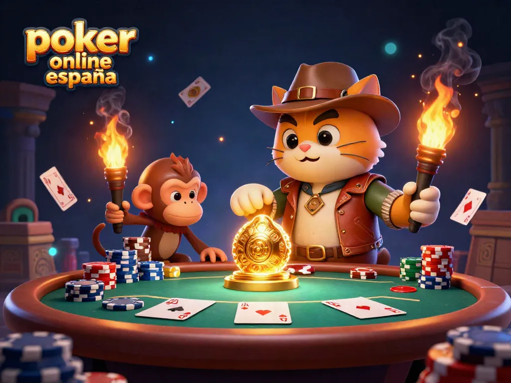 Gana en póker online España con cartas y fichas rodeadas de un ambiente de casino dinámico.