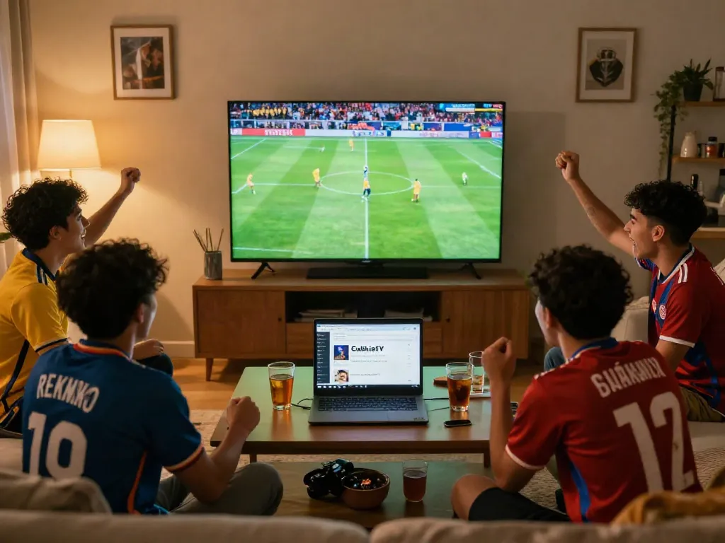 CakhiaTV live football scene with friends cheering at home, showcasing the excitement of sports in 2026.