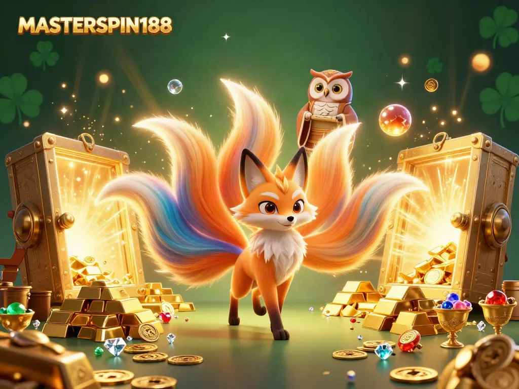 Experience the thrill of MASTERSPIN188 with an enchanting 3D scene filled with magical elements and casino treasures.