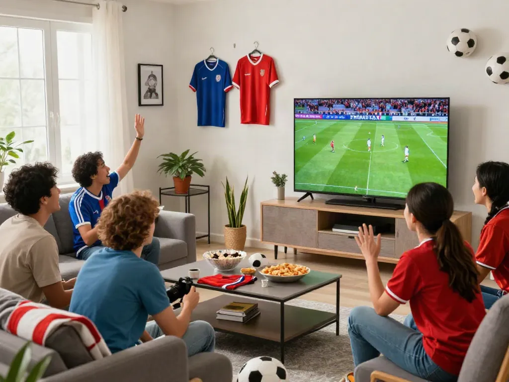 Engaged fans watching a live football match on gavangtv.study in a cozy living room.