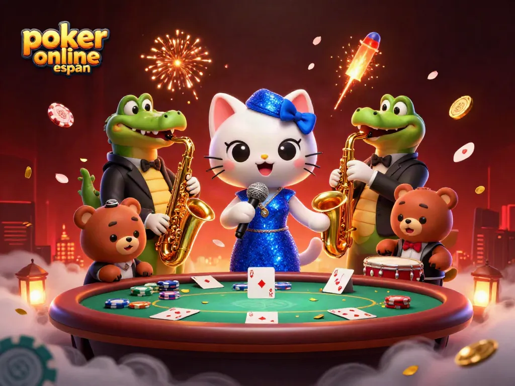 Juega al poker online España con diversión en una escena animada y llena de acción.