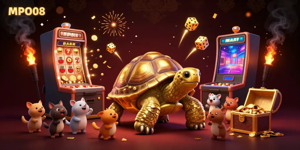 MPO08 features a vibrant casino scene with a golden tortoise, crowded characters, and thrilling slot machine action.