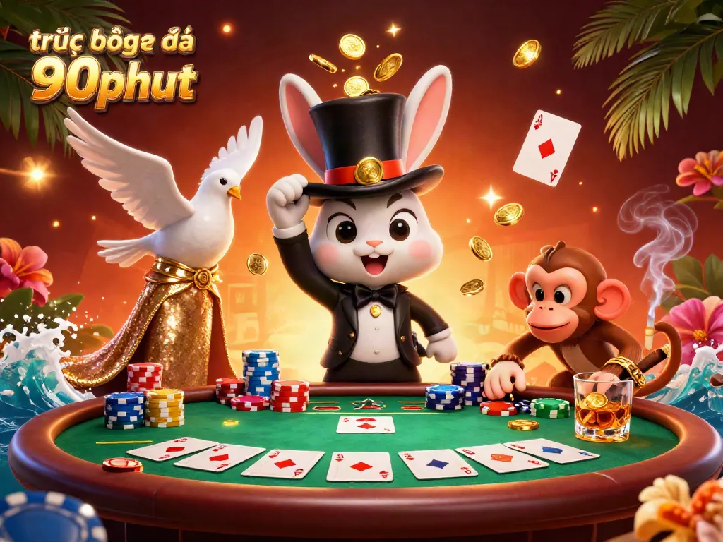 Experience the thrill of trực tiếp bóng đá 90phut with a magician, dove, and monkey amidst poker chips and cards.