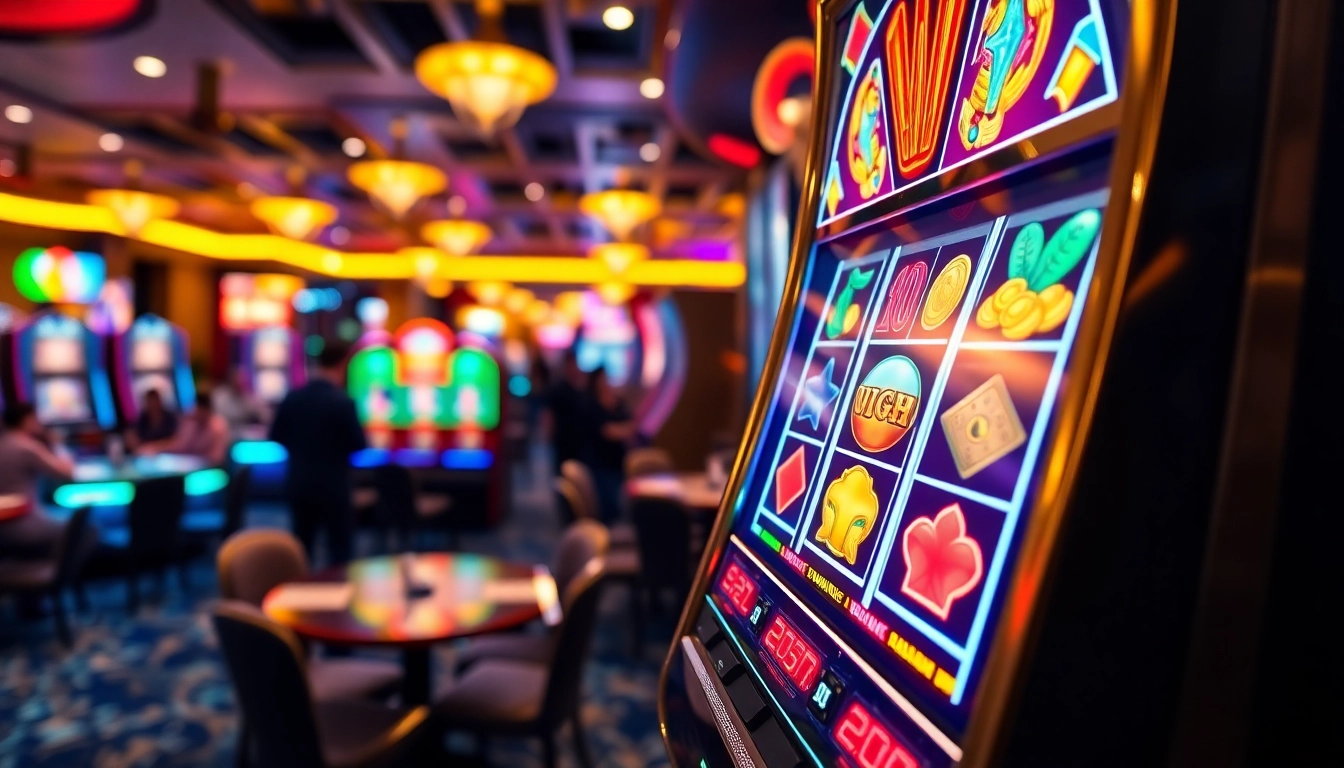 Menampilkan slot gacor dengan simbol cerah dan uang koin berjatuhan di kasino yang ramai.