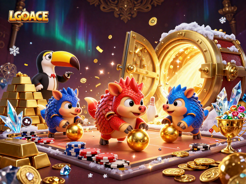 LGOACE showcases rival pangolins in a vibrant casino scene bowling through poker chips.