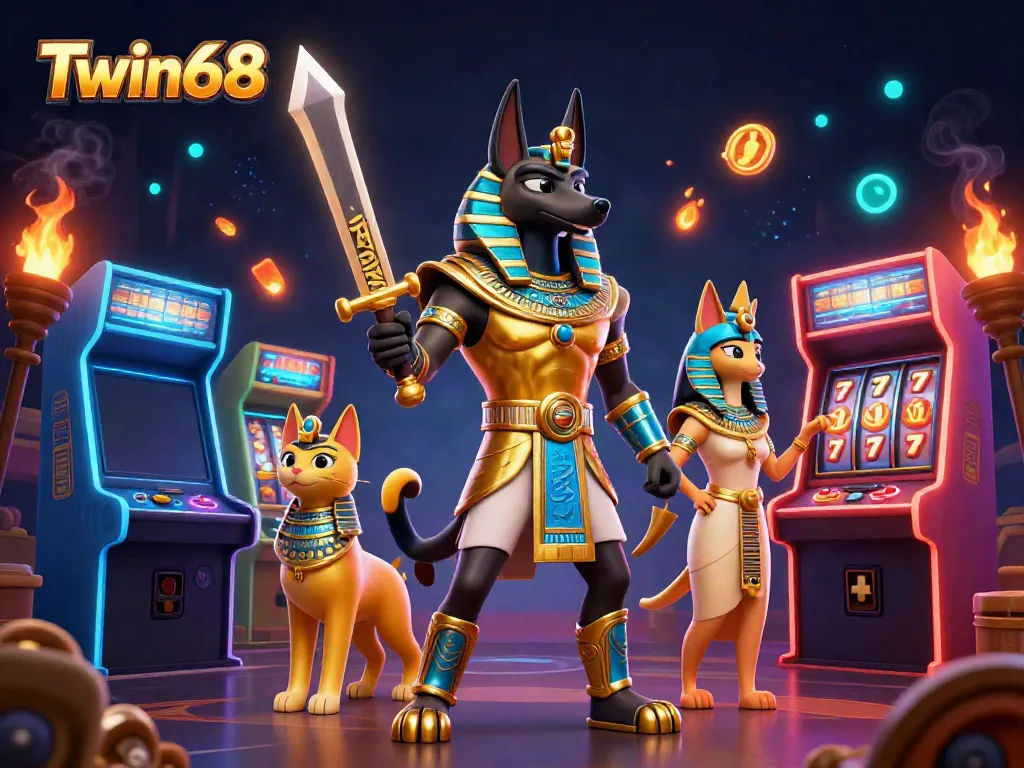 Experience the thrilling adventure of Twin68 casino with Anubis, Bastet, and vibrant gaming symbols.