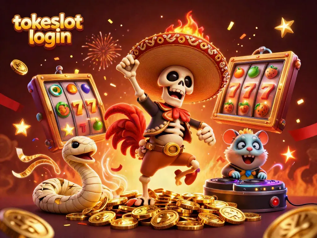 Tokeslot login scene with a mariachi rooster, mummy snake, and DJ hamster celebrating surrounded by slot machines.