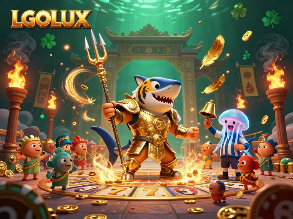 Experience thrilling online gaming with LGOLUX in an immersive underwater colosseum featuring a golden tiger shark and dynamic casino elements.