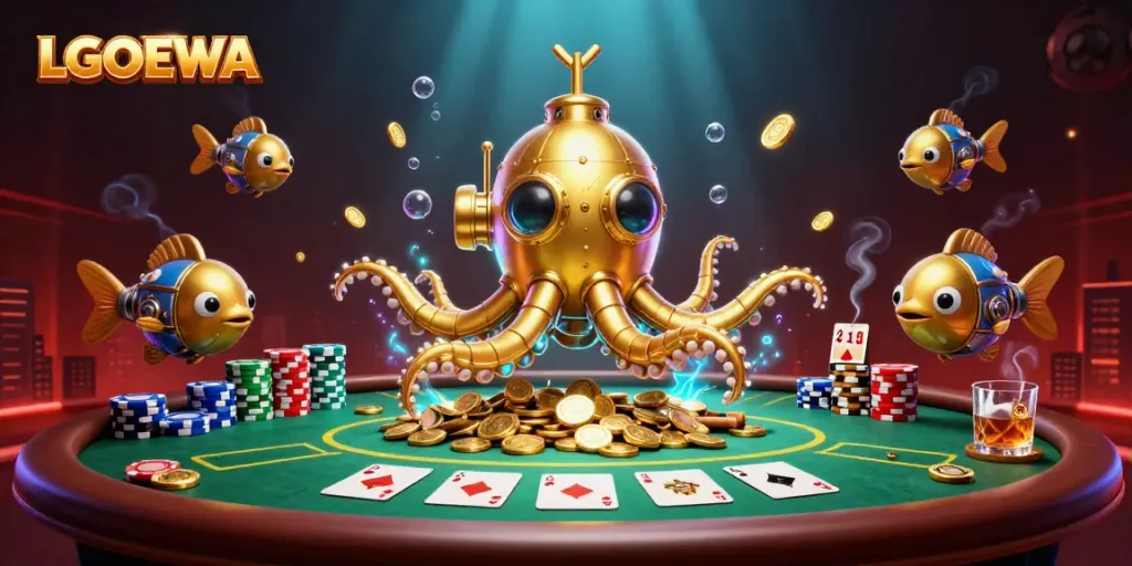 Experience the thrill of LGODEWA with a golden kraken submarine emerging from coins, surrounded by poker elements and vibrant colors.