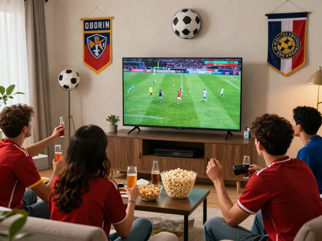 Football fans enjoying a match on https://gavangtv.life/ in a lively atmosphere with snacks and memorabilia.