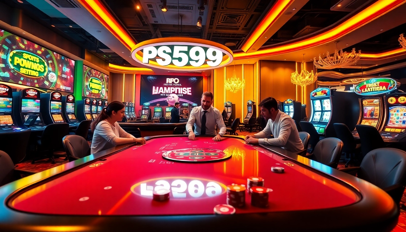 Casino players engaging in exciting games at PS99, featuring vibrant colors and luxurious atmosphere.