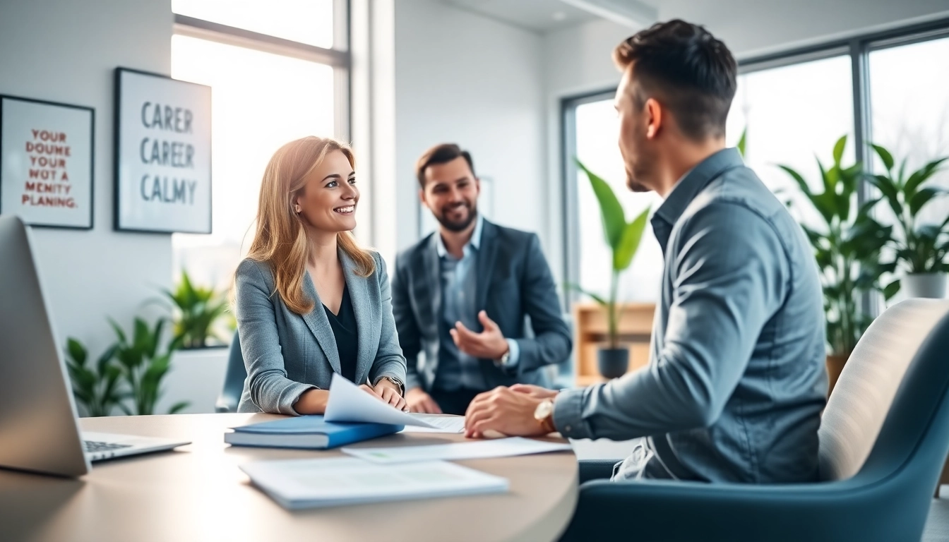 Engaging scene of Career coaching session in a modern office with bright, inviting atmosphere.