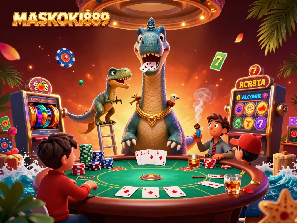 Experience the excitement at MASKOKI889 with a playful dinosaur poker scene filled with colorful chips and vibrant game elements.