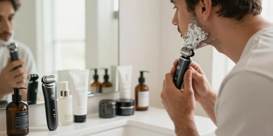 Man using rokok88 recommended electric shaver in stylish bathroom, surrounded by grooming products, bright atmosphere.