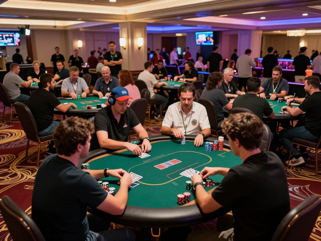 FLY88 poker tournament in an upscale casino, showcasing players in action and competitive atmosphere.