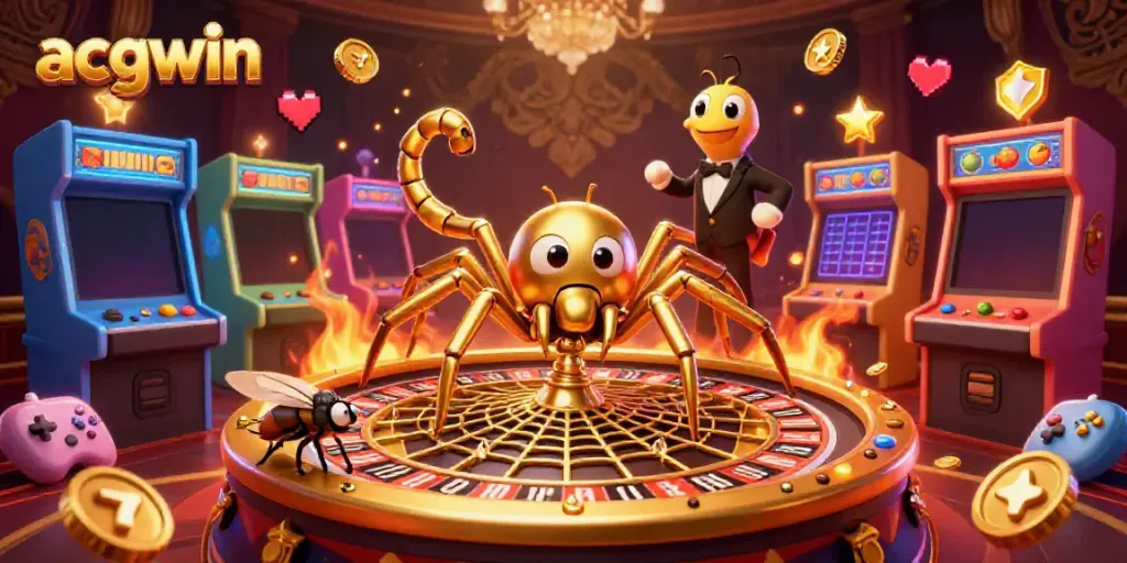 Experience thrilling slots at acgwin, featuring a golden spider, stylish casino elements, and an interactive gaming environment.