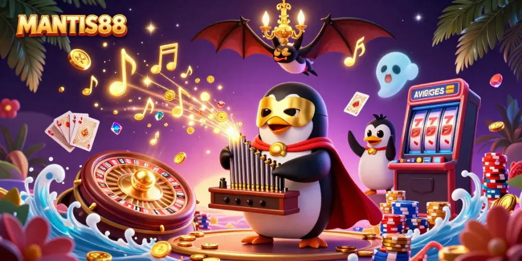 MANTIS88 brings the excitement of online gaming to life with a 3D cartoon penguin playing an organ spilling golden coins.