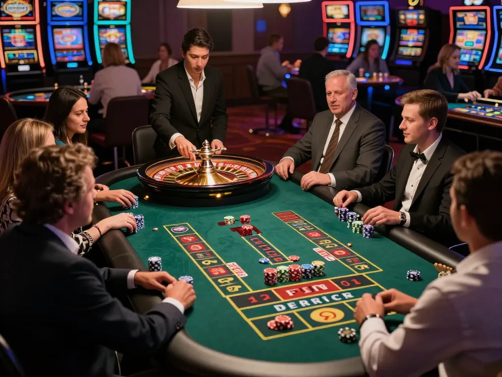 Players engaged in an exciting roulette game at LC88, showcasing vibrant casino atmosphere.