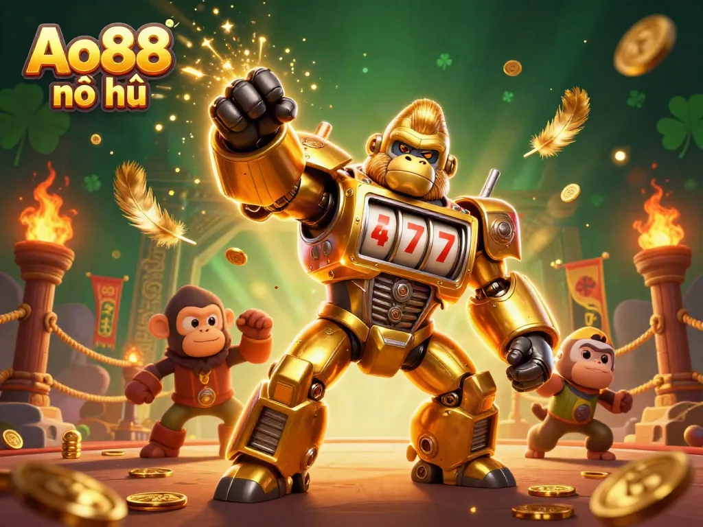 Engage with Ao88 nổ hũ in an explosive 3D casino scene featuring a golden gorilla mech.