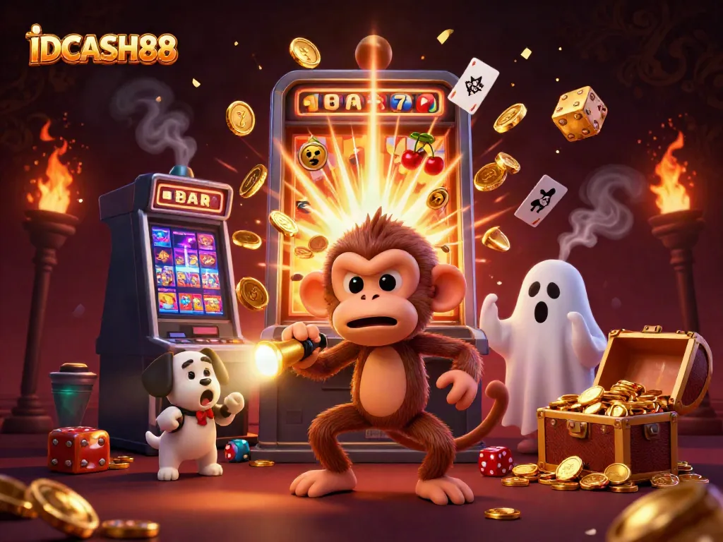 Engage with IDCASH88’s vibrant casino scene featuring a mischievous monkey and a curious puppy amidst a jackpot frenzy.