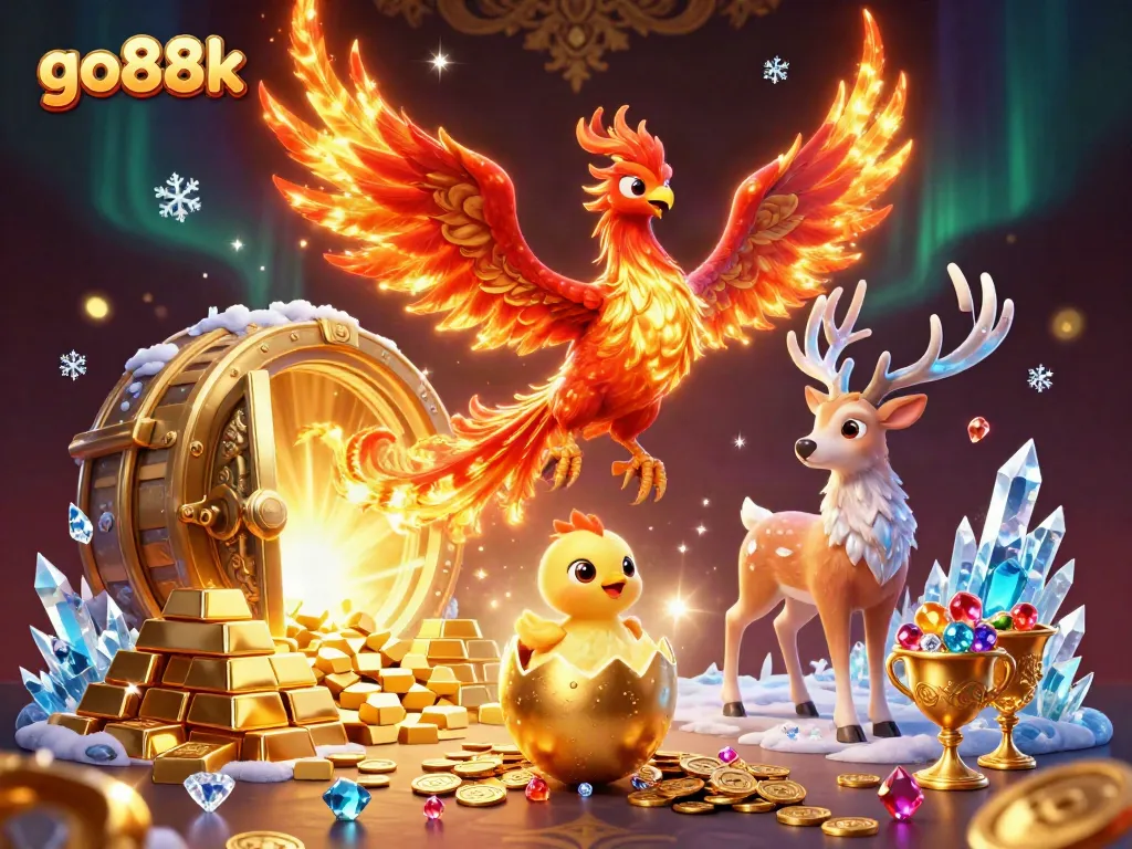Experience thrilling casino action with go88k, featuring a phoenix, shimmering treasures, and vibrant gems.
