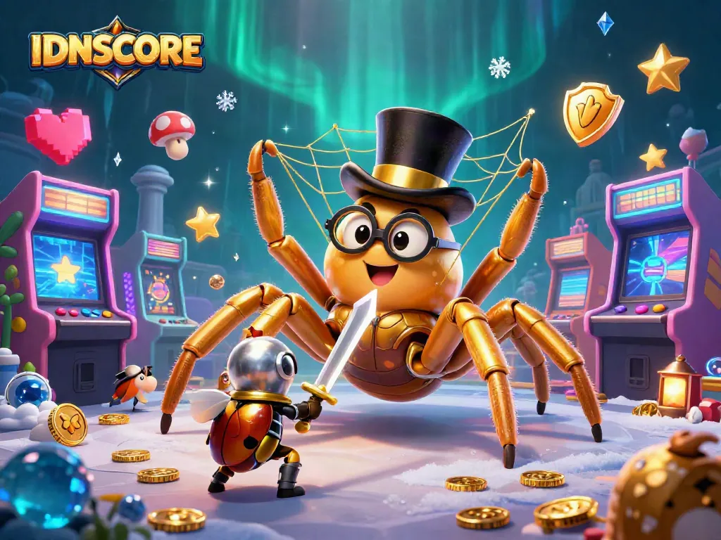 IDNSCORE showcases a vibrant 3D casino scene filled with colorful game elements and character interactions.