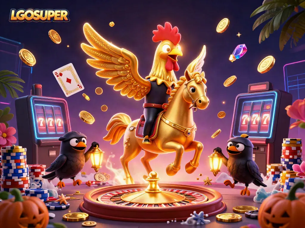 Engage with LGOSUPER's vibrant casino scene featuring a golden rooster in action amidst dazzling game elements.