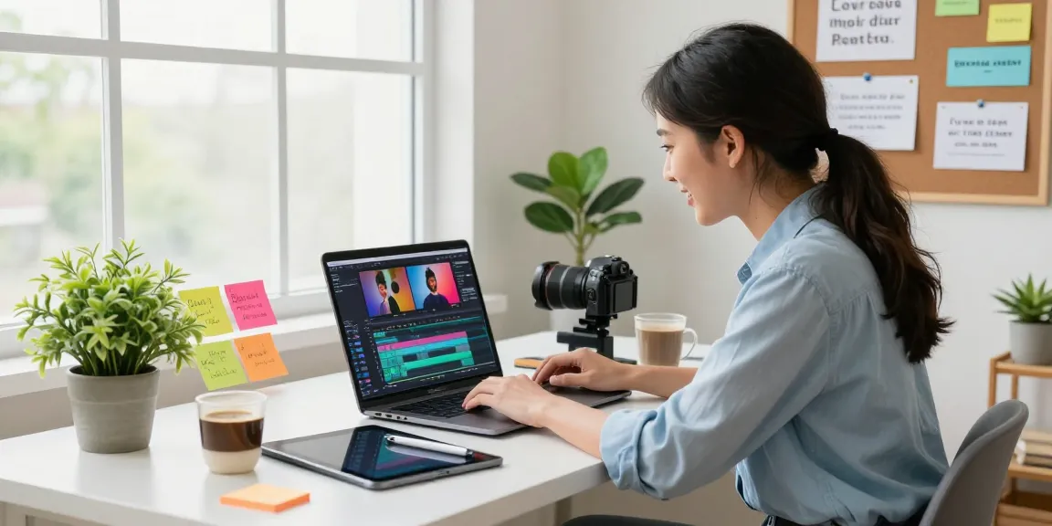 Focused creator writes text on video using online editing tools in a bright workspace.