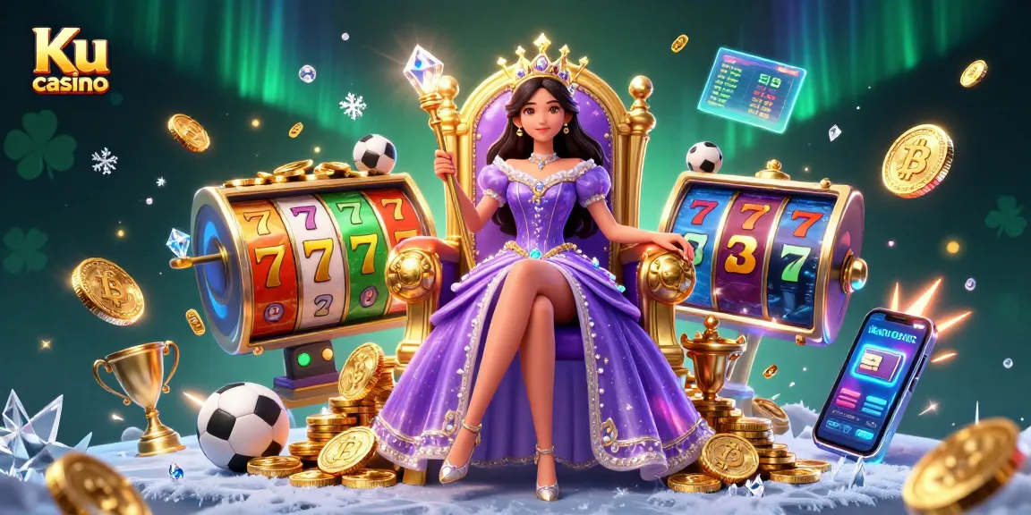 Experience thrilling gameplay at Ku casino with vibrant slot reels and crypto elements in this dynamic scene.