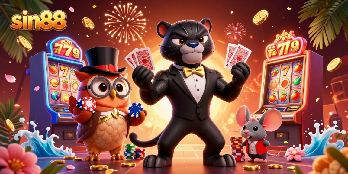 Get ready to win with sin88 as a stylish panther deals cards adjoined by an owl and mouse in this vibrant casino scene.